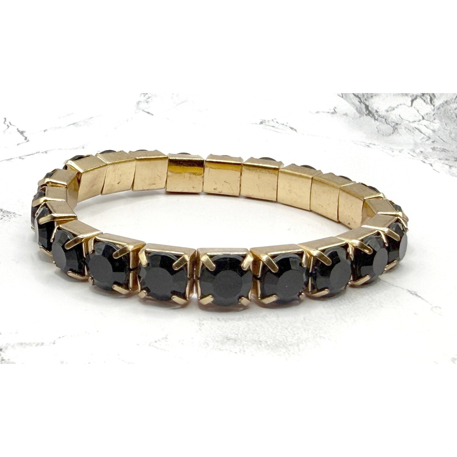 Black Faceted Bead Stretch Bracelet Gold Accent Elegant Stack Bracelet 17$